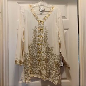 NWT Diane Gilman 100% Silk Oriental Tunic Blouse Gold Metallic Details Size 1X